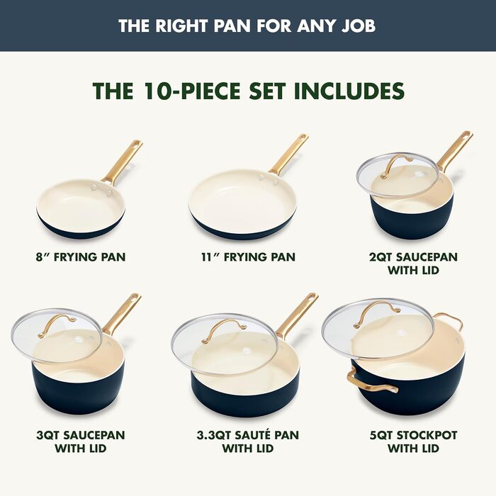 GreenPan Reserve Hard Anodized Healthy Ceramic Nonstick 10 Piece Cookware Pots and Pans Set, Gold Handle, PFAS-Free, Dishwasher Safe, Oven Safe, Twilight Blue (Klein Blau)