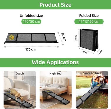 Рампа для собак у машину, розкладна, 170 см, з антиковзким покриттям, для маленьких, середніх та великих собак. Підходить для авто, SUV, вантажівки, дивану та ліжка.