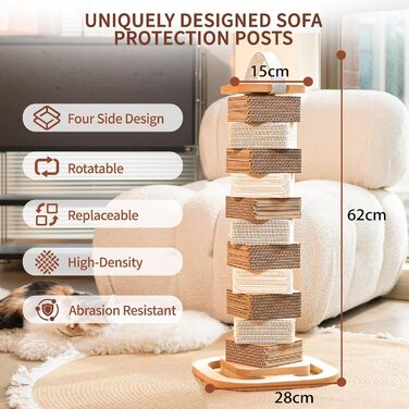 Кігтеточка для котів CheerPals з 4-стороннім обертанням, 5-ярусна з гофрокартону, 62 см, захист дивану