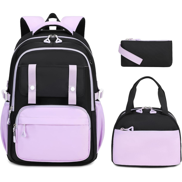 Дитячий рюкзак для школи для дівчаток: Kawaii рюкзак з великою місткістю (3-частинний набір, чорний та фіолетовий)