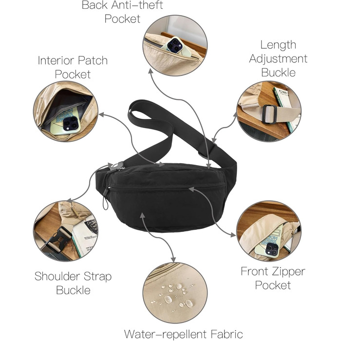 Поясна сумка чоловіча/жіноча водонепроникна для подорожей, фестивалів, спорту та міста (чорна)
