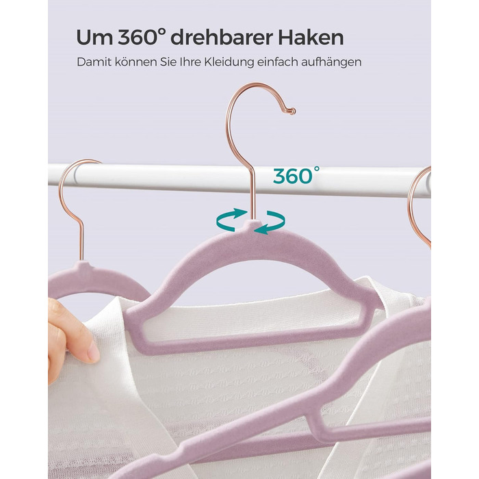 Плечики SONGMICS для одягу, 50 шт., велюрові, антиковзаючі, для краваток, 360° обертання, 0,6 см, економія місця, 43,5 см, для пальто, штанів, срібно-білі