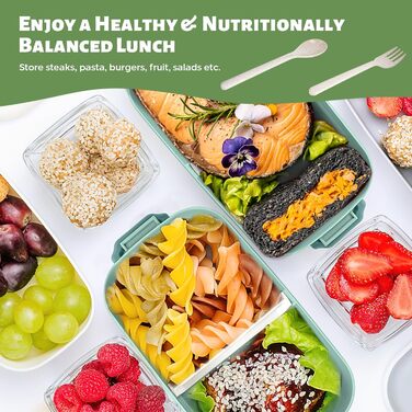 Бенто-бокс 2700 мл, 3-рівневий з виделкою та ложкою, 4-в-1, для їжі, зберігання продуктів, для чоловіків, жінок, студентів, мікрохвильова та посудомийна машини (Хакі, Легкоблакитний)
