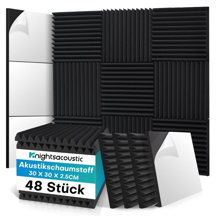 Акустичний поролон Knightsacoustic для звукоізоляції та шумопоглинання, 30x30x2.5 см, самоклеючий, чорний (52 шт.)