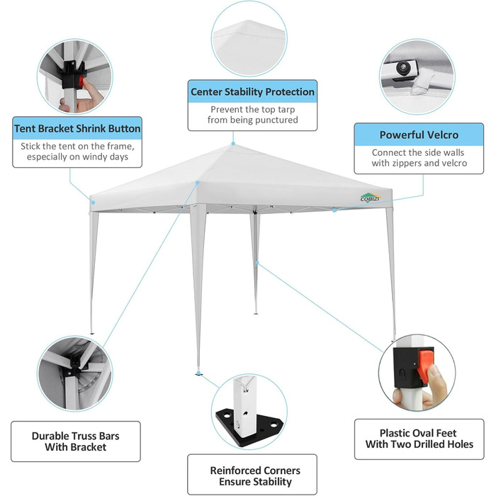 COBIZI Folding Gazebo 3x3 Waterproof Stable Pop Up Gazebo Folding 3x3 with 4 Sidewalls | Waterproof | UV Protection 50+ | Gazebo Party Tent for Garden Party Market Picnic | incl. Bag (White)