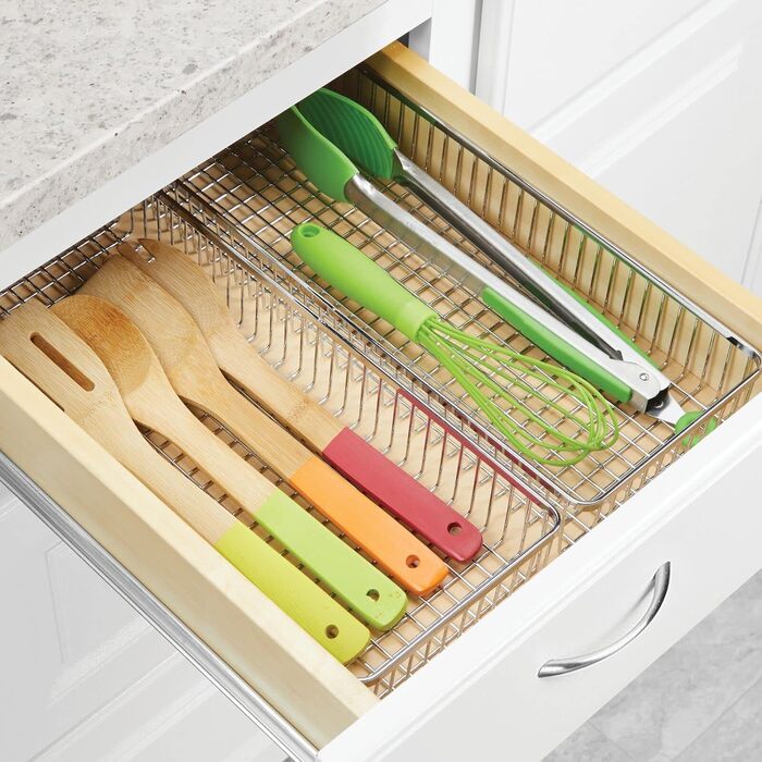 mDesign Universal Drawer Organizer - Metal Storage Baskets for Drawers Organize Kitchen Supplies and Utensils - Drawer Organizers for Kitchen and Household - 4-Piece Set - Silver