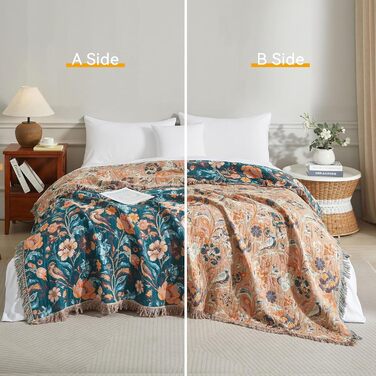 Богемна ковдра Boho 150x200 см з 100% бавовни, двостороння муслінова ковдра, плед для дивану та ліжка, patchwork, літня ковдра для вітальні, зелено-бежева (230x250 см, квіти та птахи)