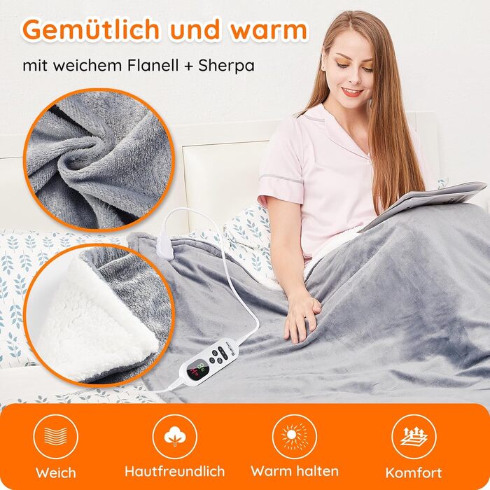 Електрична ковдра Mia&Coco з автовимкненням 180x130 см, 10 температурних режимів, таймер 9 годин, захист від перегріву, пральна машина, фланелева ковдра для ліжка, дивана та вітальні, сіра (130x160 см, сіра)