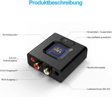 1Mii ML201 Bluetooth адаптер для стереосистеми: бездротовий аудіо приймач з AUX/Cinch, для ПК, смартфонів та планшетів, 12 годин роботи, режим басів Medium