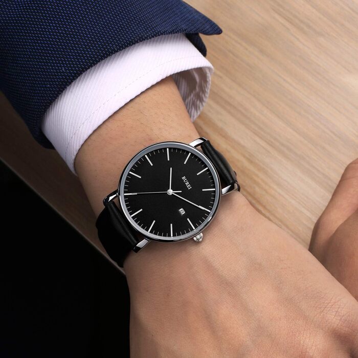 Годинник чоловічий BUREI, мінімалістичний, аналоговий кварцовий годинник з сітчатим ремінцем, чорний/срібний, подарунок для чоловіків