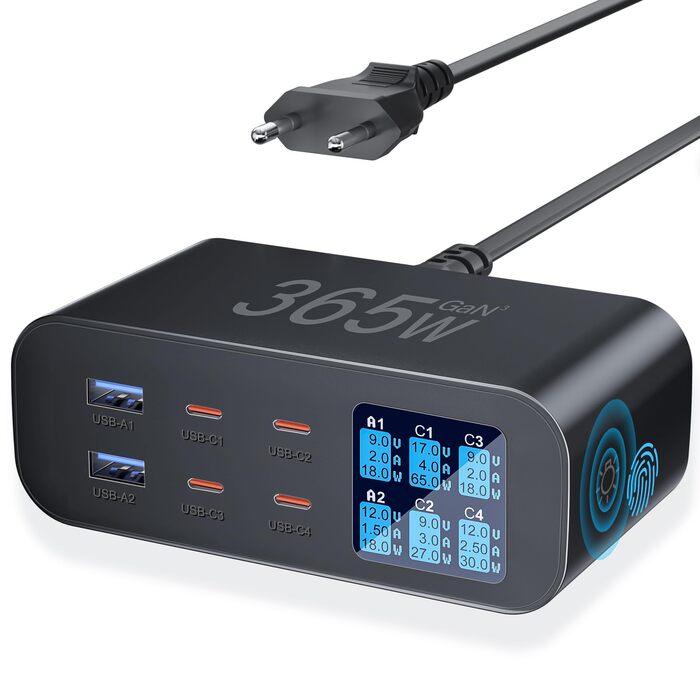 Зарядний пристрій USB-C 365W YSYFAD з 6 портами, PD 100W, QC 3.0, LED індикатор - для MacBook, ноутбуків, iPhone, iPad (Чорний)