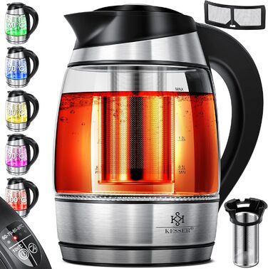 Електричний чайник KESSER 1,8 л із нержавіючої сталі та підсвіткою LED, зміна кольору залежно від температури (60–100°C), скляний корпус, з ситечком для чаю та фільтром від накипу, функція підтримки тепла