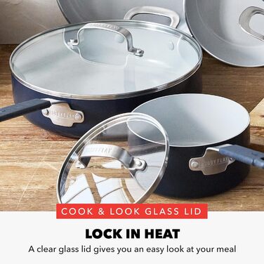 Набір кухонного посуду GreenPan x Bobby Flay 13 предметів: професійне алюмінієве покриття, антипригарне (PFAS-free), індукційні плити, силіконові ручки, безпечне для посудомийної машини та духовки, сірий (Графіт/Nature's Delight), блакитний Оксфорд