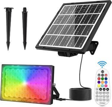 Сонячний RGB прожектор CLV з пультом, IP66, 10 кольорів, 6 рівнів яскравості, 30 режимів, диміруємий LED світильник з таймером і пам’яттю для саду та вечірок