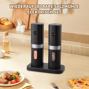Salt and Pepper Shakers Electric 2-Piece Set, Automatic Pepper Grinder with Charging Station, USB Rechargeable Spice Grinder Electric, Adjustable Coarseness, One-Hand Operation, Ceramic Grinder, LED Light