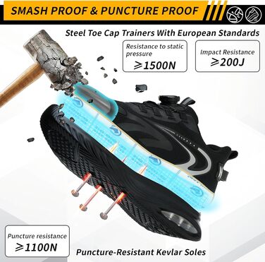 Черевики робочі чоловічі/жіночі, захисні, легкі, спортивні, дихаючі, на шнурках/з поворотним затвором, зі сталевим підноском, 47 EU, чорні