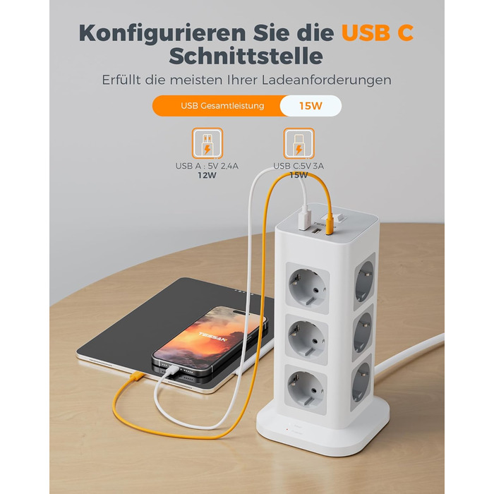 Блок живлення TESSAN з захистом від перенапруги, 3600W, 16A, 12 розеток, 2 USB-A, 1 USB-C, 2м кабель, сірий