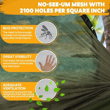Гамак для кемпінгу NATUREFUN з москітною сіткою | Легкий, міцний (300 кг), дихаючий, швидковисихаючий, армійний зелений | 2 карабіни, 2 стропи в комплекті