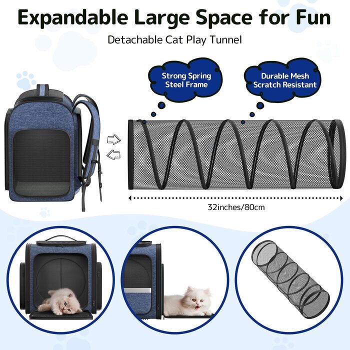 Рюкзак для кота Pawtners з розширеним тунелем для ігор, схвалений авіакомпаніями, для собак та котів до 11,3 кг, складаний, блакитний (40 x 32 x 38 см)