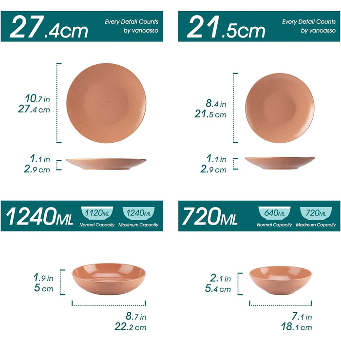 Набір посуду Vancasso SABINE 32 елементи, кераміка, на 8 осіб, тарілки для їжі, десерту, пасти та суп, сучасний сервіз з візерунком 