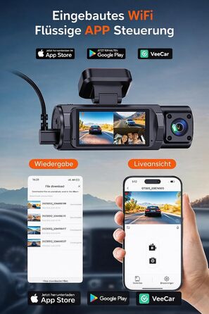Відеореєстратор E-YEEGER 3-канальний 4K + 1080P + 1080P з Wi-Fi, 32GB карта, нічна зйомка, G-сенсор, паркування - чорний