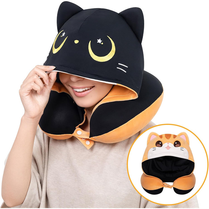 Подушка для шиї Mewaii для подорожей, двостороння подушка для дорослих, подушка для шиї з memory foam для літаків, обертова подушка для шиї з котячим капюшоном, регульований ремінь, чорний, перекидний