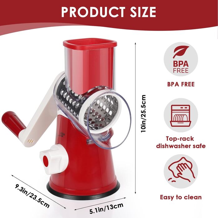 Ручна тертка для сиру та овочів Diealles Shine з 3 змінні леза з нержавіючої сталі, з кришкою, для сиру, овочів, горіхів, кабачків, моркви (червона)