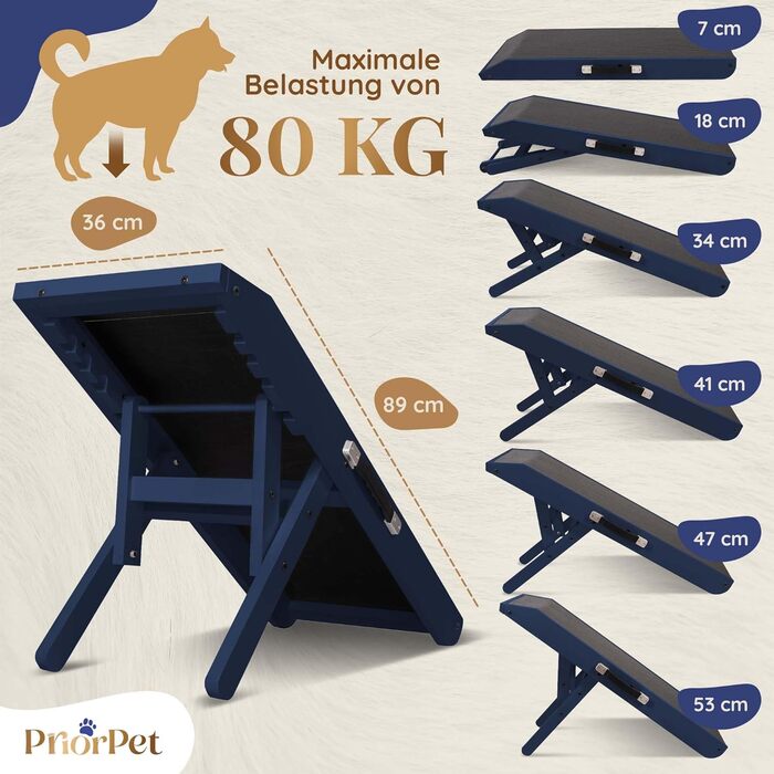 Рампа для собак Hunderampe - регульована, 18-53 см, для ліжка/дивану, з берези, антиковзаюча, чорна (темно-синя)