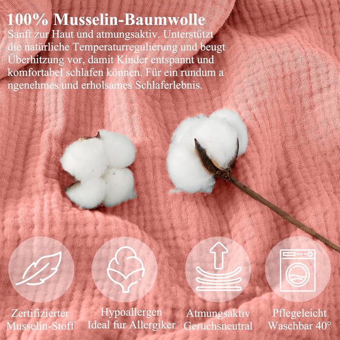 Набір постільної білизни для ліжечка Hook з мусліну 100% бавовни (100x135 см) – дихаючий та м'який, ручної роботи | Комплект постільної білизни для малюків з наволочкою 40x60 см (Рожевий, 135 x 100 см)