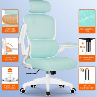 Ергономічне крісло для офісу з регульованою підголівником, поперековою підтримкою та відкидними підлокітниками, крісло для начальника, 150 кг, функція гойдання до 135° (Блакитно-зелений, Модель 2)