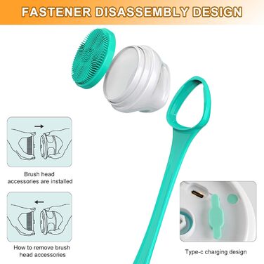 Electric Body Brush Bath Brush Back Brush With 5 Attachments: Long-Handled Back Brush IP67 Waterproof 3 Speed Spin Cleaning Brush for Spa Shower Exfoliating Massage Brush (Green)