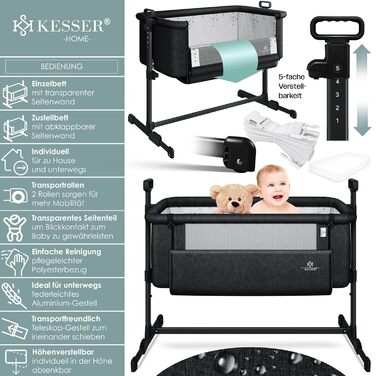 KESSER® Hubi 3in1 Delivery Bed, Baby Bedside Bed, Travel Bed, Baby Bed with Soft Mattress, Mobile Bed with Wheels, 5-Level Height Adjustment, Foldable Side Rail for Home and On the Go, Beige