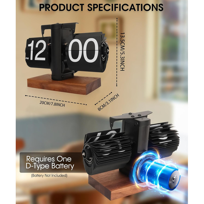 Yusat Retro-Flip Clock, Vintage Table Clock, digital, automatic flipping, battery-powered, mechanical desk clock, black, ideal for home, office, room decoration (Battery