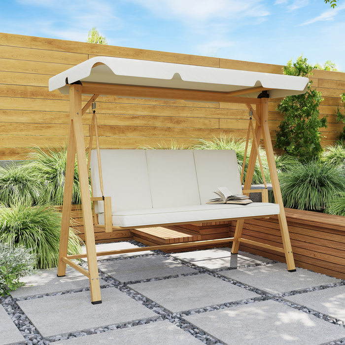 Outsunny Hollywood Swing with Adjustable Sun Canopy and Seat Cushion, Wood-Look 3-Seater Garden Swing, Load Capacity up to 330kg, Swing Bench for Garden, Terrace 198 x 120 x 170cm, Beige | Aosom