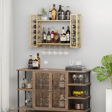 Настінна вітрина для вина Woskar, металева з тримачами для скла, 123,4 x 55 x 25 см, золота