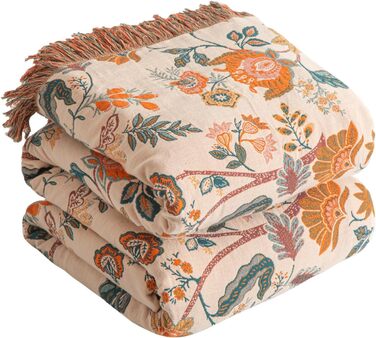 SE SOFTEXLY Boho плед з 100% бавовни – двосторонній мусліновий плед 150x200 см, м'який плед на диван та ковдра на ліжко, естетичний дизайн, ідеальний для вітальні та спальні, Orange/Grün Blütentraum (230 x 250 cm, Blütentraum)