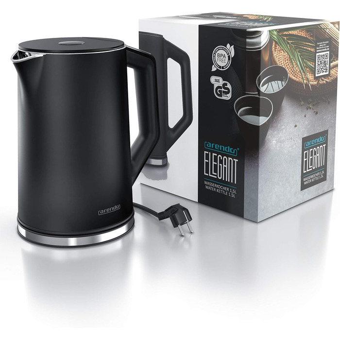 Arendo - Stainless Steel Kettle with Temperature Setting 40-100 Degrees in 5-Degree Increments - Double-Walled Design - Model ELEGANT - 1.5 Liter - 2200 W - Tea Kettle with Temperature Indicator - GS - Black