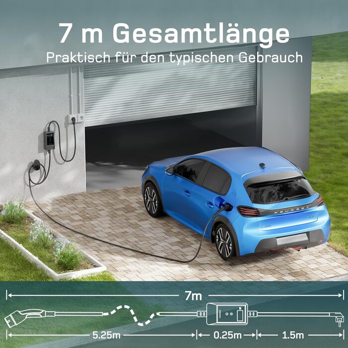 Кабель для зарядки електромобіля Type 2 Schuko 3,7kW, 7м, 6-16A, 1-фазний, з LCD дисплеєм, чорний