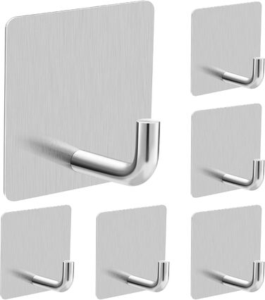 Набір гачків для рушників без свердління 6 шт. з нержавіючої сталі для ванної кімнати та кухні, самоклеючі, до 10 кг, вологостійкі, срібні