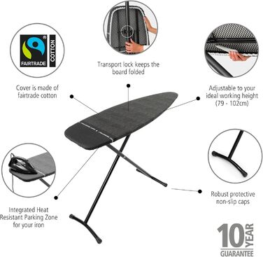 Гірчиця для прасування Brabantia Bügelbrett B, 124 x 38 см, 100% Fairtrade-Baumwolle, стабільна, регульована по висоті, з підставкою для праски, Denim Black