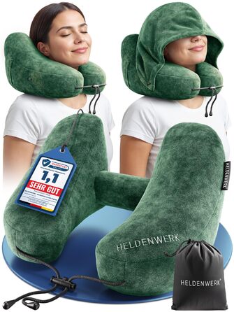 Подушка для шиї HELDENWERK® Air - для подорожей літаком та автомобілем | 5 положень, регульована, знімний капюшон | М'яка, зелена, для жінок та підлітків