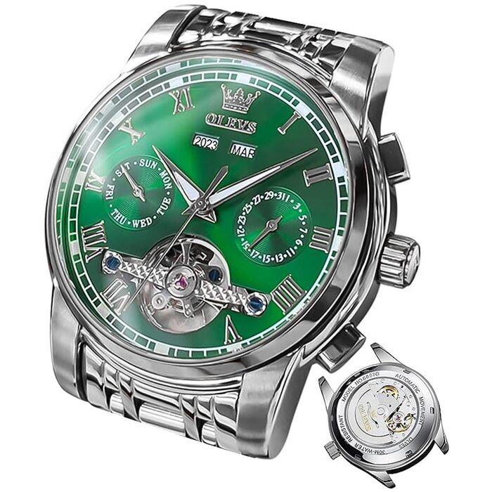 Чоловічий годинник OLEVS Automatik з турбійоном, календарем, чорний, водонепроникний, світлодіодна підсвітка, двоколірний (срібло/зелений)