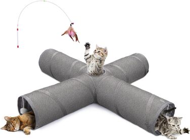 Cat Tunnel Toy, 4-Way Collapsible Cat Tunnel for Indoor Cats, Interactive Peek Hole, Pet Tunnel with Cat Wand Toy