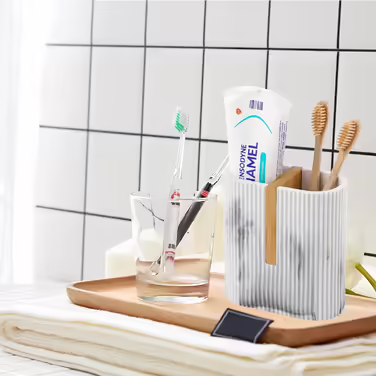 Rejomiik Toothbrush Holder, Electric Toothbrush Holder for Bathroom, Bamboo Toothbrush and Toothpaste Storage Organizer for Sink, Countertop, Marble White