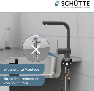 Кухонний змішувач SCHÜTTE LONDON з висувною лійкою, поворотний на 360°, з одним важелем, для кухні, високий тиск, графіт, 29,8 см