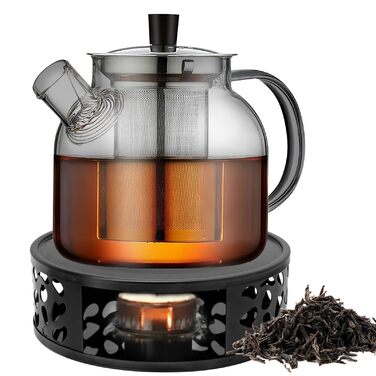 Скляний чайник з ситечком та підставкою для підігріву, 1500 мл, з боросилікатного скла, для листового чаю та чайних пакетів, чорний