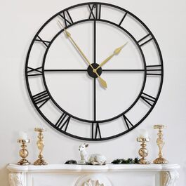 HAITANG Vintage Wall Clock, Round, Metal Silent (No Ticking), Battery-Powered, 40cm, 16 Inch Roman Numerals, Clocks for Living Room, Bedroom, Kitchen Wall Clock Decoration (Black, 100 cm)
