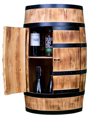 Wine Barrel Stand with Door - Liquor Cabinet Bottle Shelf Wooden Shelves - Wooden Barrel - Barrel Furniture - Wine Rack - Wineregal - Wine Bar - Barrel Bar with Door - Barrel Bar Minibar 80cm High (Sun-Bleached)