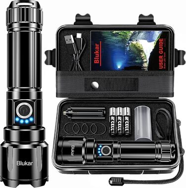 Ліхтар LED Blukar, перезарядний, надпотужний, з регулюванням фокусу, 5 режимів, водонепроникний IP67, для кемпінгу, туризму, риболовлі, надзвичайних ситуацій, чорний