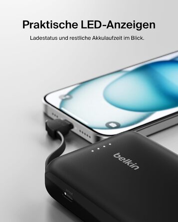 Повербанк Belkin BoostCharge 10000mAh 20W з вбудованим кабелем USB-C, LED-індикатором, чорний